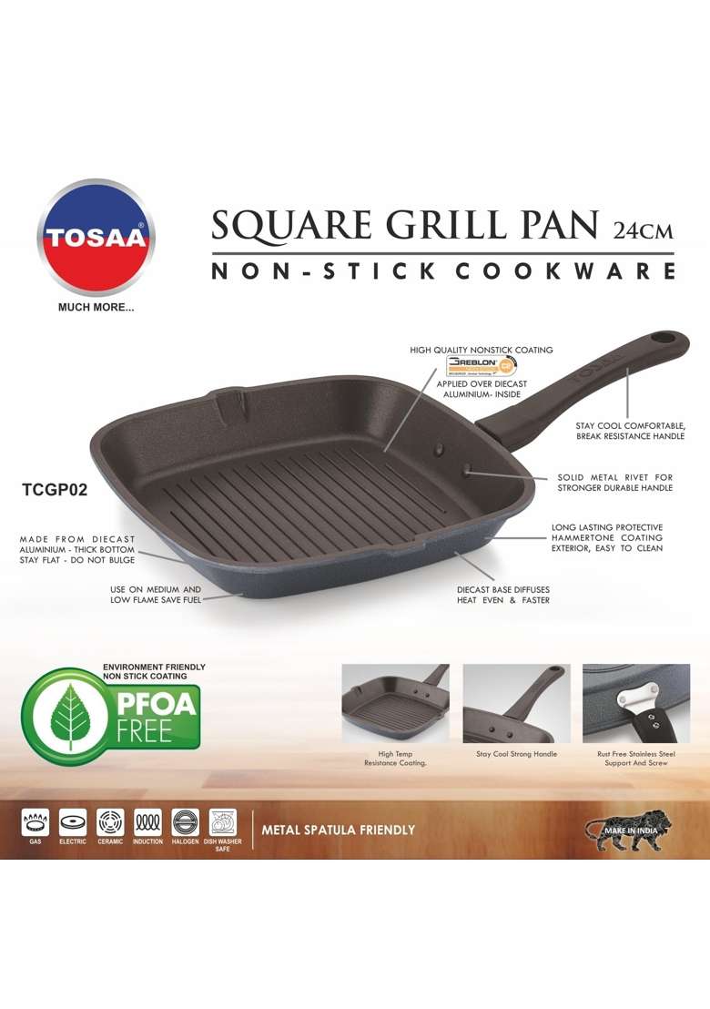 Tosaa Non-Stick Aluminium Gas Compatible Grill Pan | 24 cm | 9.4 Inch - Indya