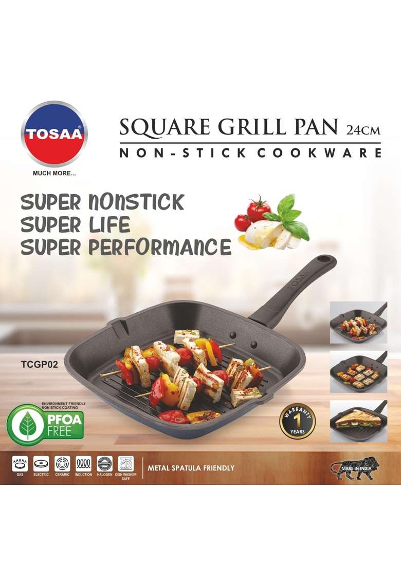 Tosaa Non-Stick Aluminium Gas Compatible Grill Pan | 24 cm | 9.4 Inch - Indya
