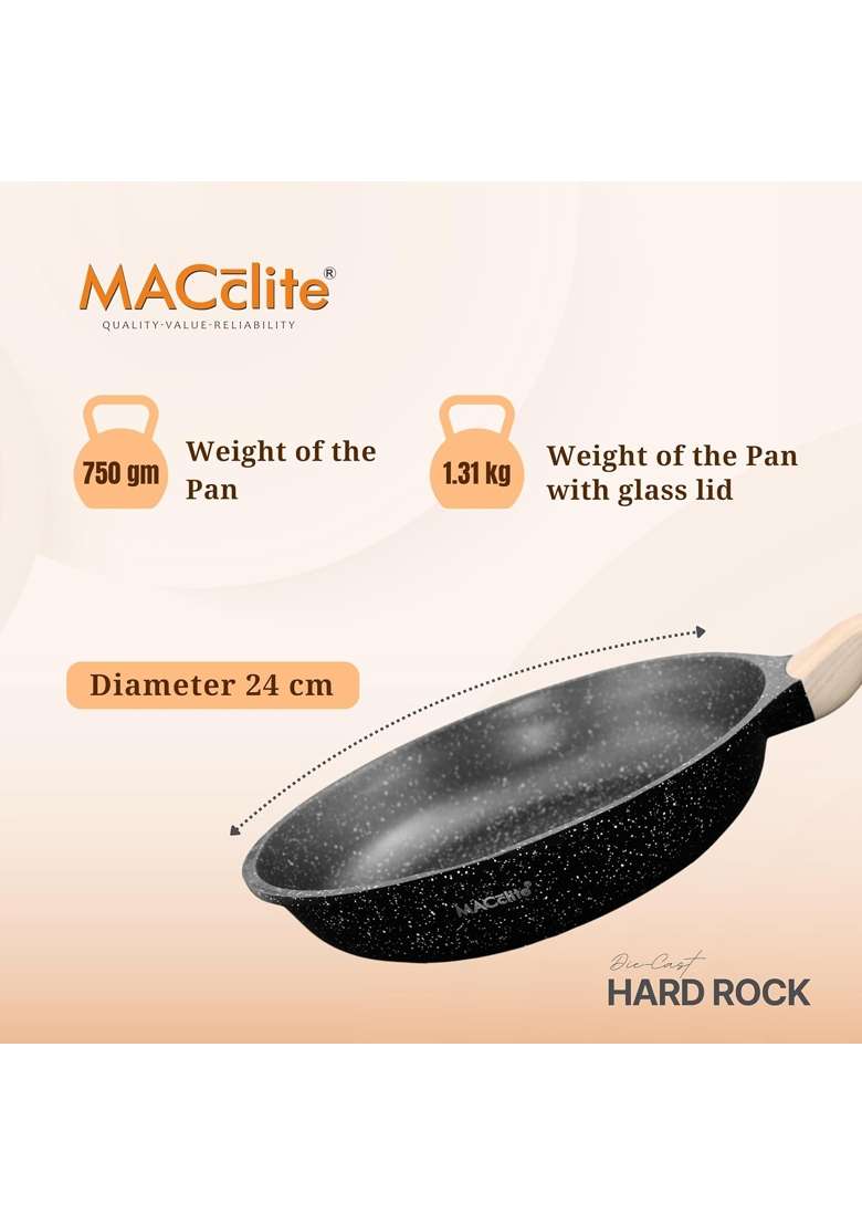 MACclite Hard Rock Die Cast Triumph Non Stick Fry Pan with Glass Lid Dia | 2 L | 2.1 Qt | 24 cm | 9.4 Inch | Induction Compatible | PFOA Free - Indya