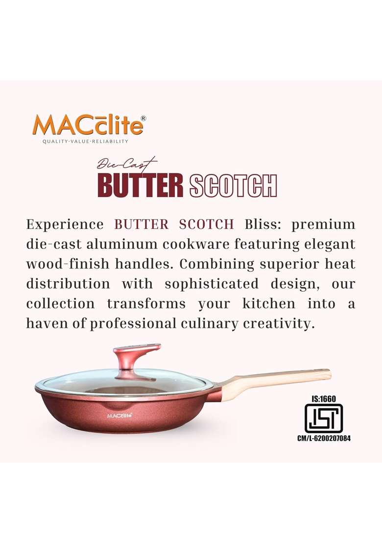 MACclite Butter Scotch Die Cast Triumph Non Stick Fry Pan with Glass Lid Dia | 2 L | 2.1 Qt | 24 cm | 9.4 Inch | Induction Compatible | Dishwasher Safe - Indya