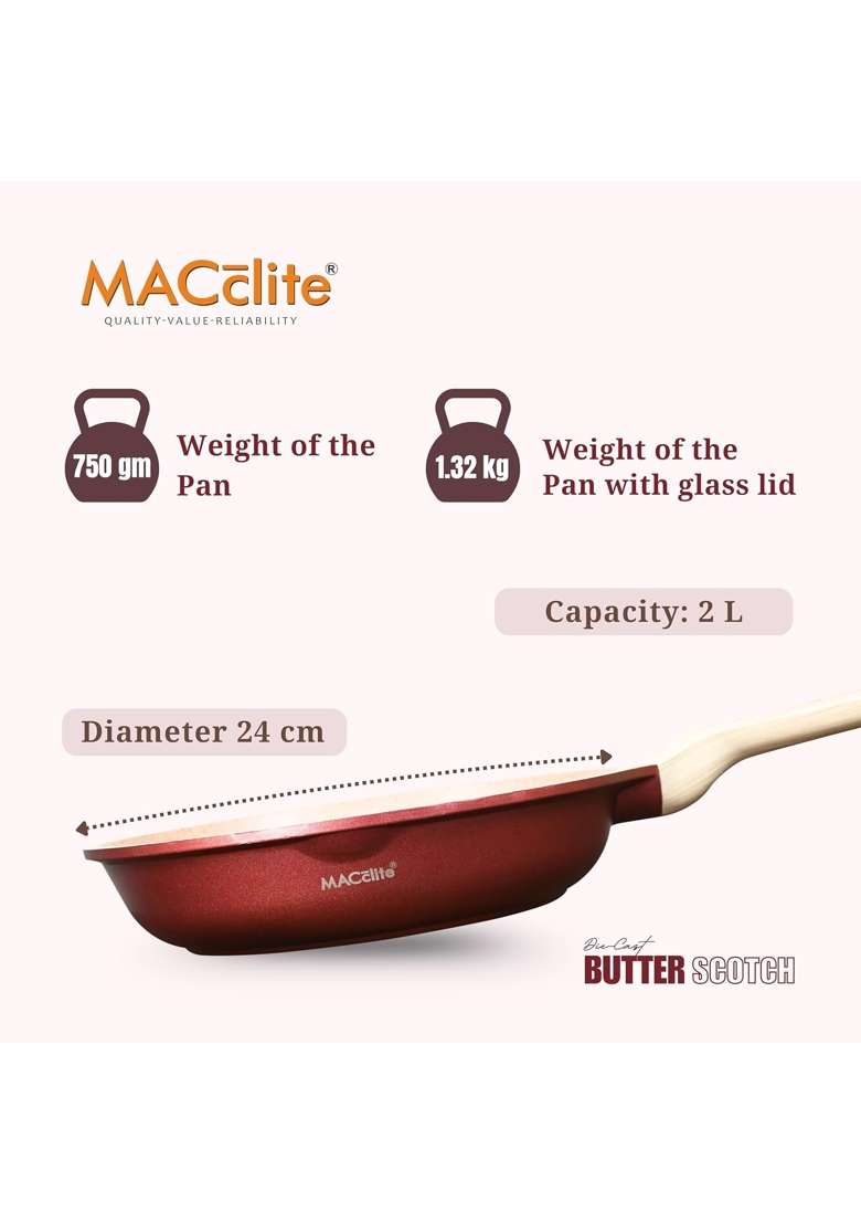 MACclite Butter Scotch Die Cast Triumph Non Stick Fry Pan with Glass Lid Dia | 2 L | 2.1 Qt | 24 cm | 9.4 Inch | Induction Compatible | Dishwasher Safe - Indya