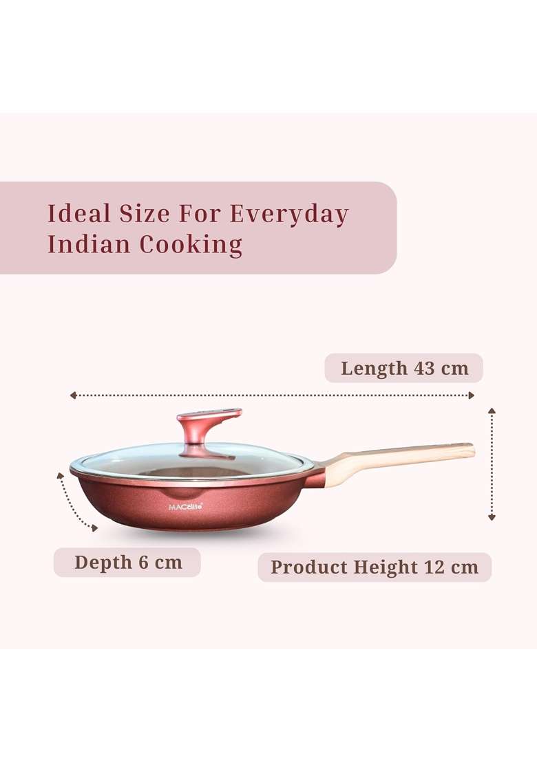 MACclite Butter Scotch Die Cast Triumph Non Stick Fry Pan with Glass Lid Dia | 2 L | 2.1 Qt | 24 cm | 9.4 Inch | Induction Compatible | Dishwasher Safe - Indya