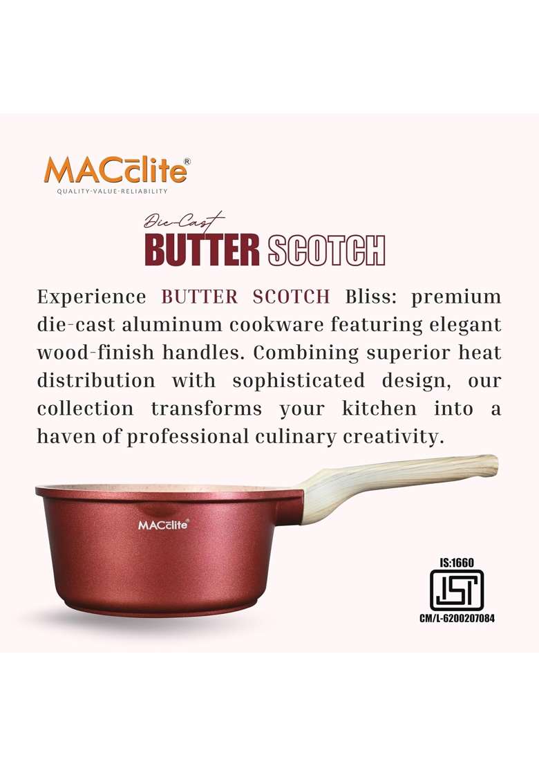 MACclite Butter Scotch Die Cast Non Stick Sauce Pan Dia | 2 L | 2.1 Qt | 18 cm | 7.1 Inch | Induction Compatible | Dishwasher Safe - Indya