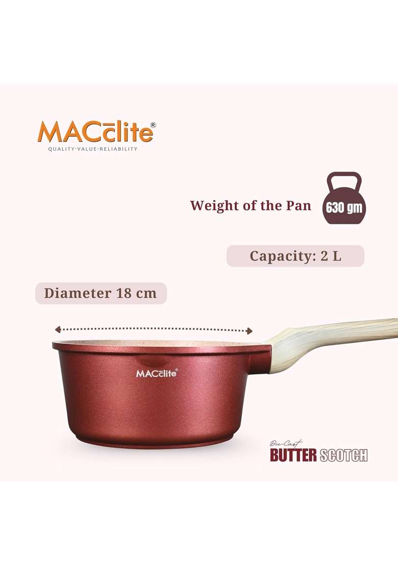 MACclite Butter Scotch Die Cast Non Stick Sauce Pan Dia | 2 L | 2.1 Qt | 18 cm | 7.1 Inch | Induction Compatible | Dishwasher Safe - Indya