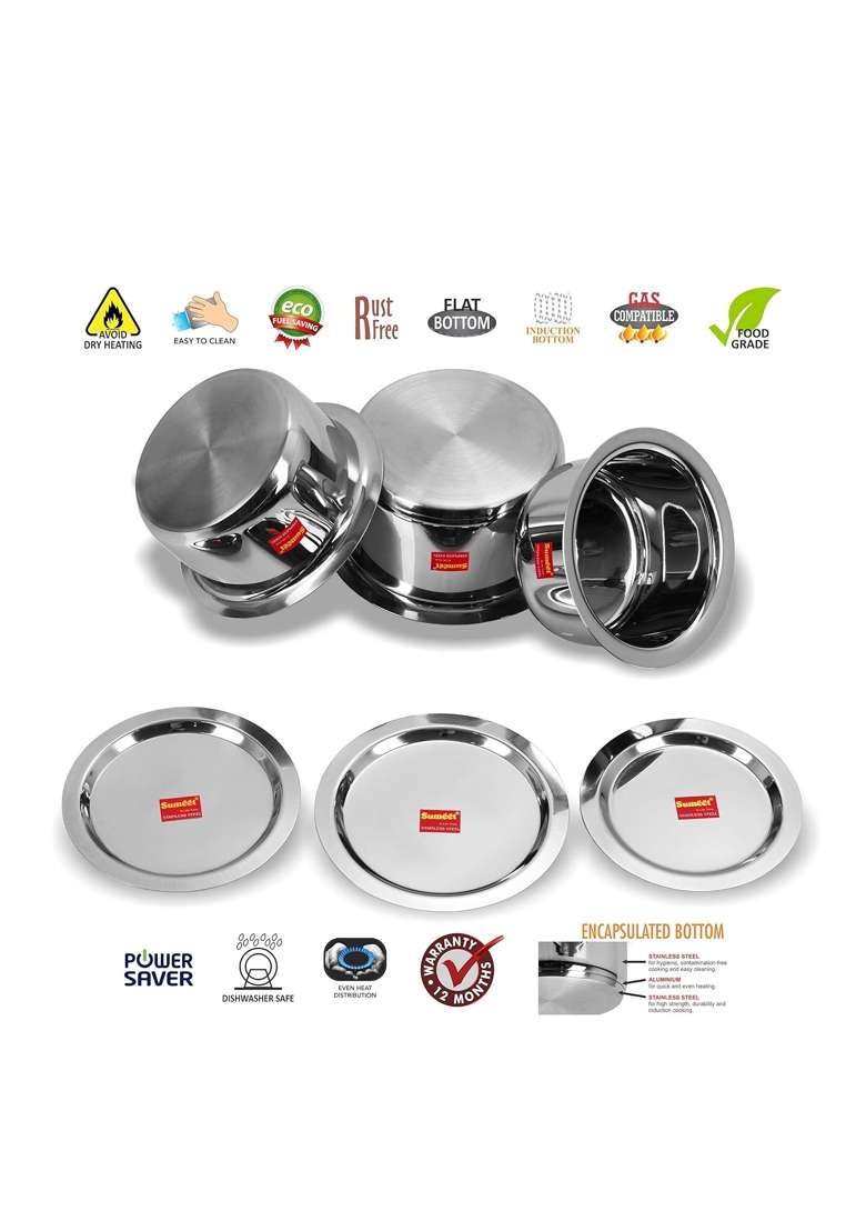 Sumeet Stainless Steel Induction Bottom | 1 L | 1.1 Qt | 3-Piece Set | With Lid - Indya
