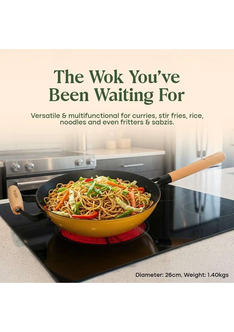 CUMIN CO. Enamel Cast Iron Wok | 1.5 L | 1.6 Qt | 26 cm | 10.2 Inch | Induction Compatible | Heavy Bottom | Non-Toxic | Non-Stick - Indya