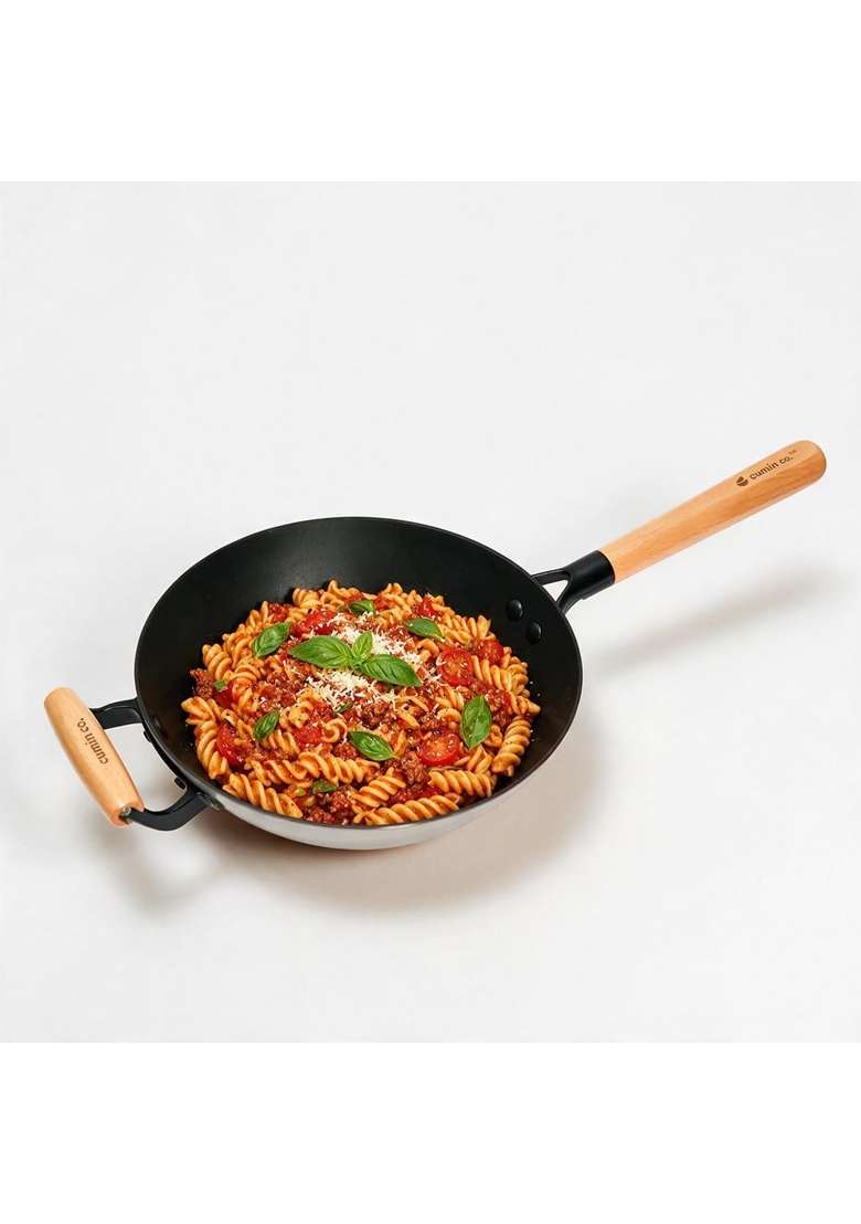 CUMIN CO. Enamel Cast Iron Wok | 1.5 L | 1.6 Qt | 26 cm | 10.2 Inch | Induction Compatible | Heavy Bottom | Non-Toxic | Non-Stick - Indya