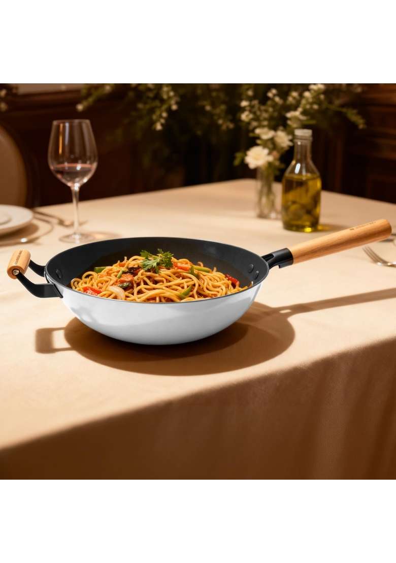 CUMIN CO. Enamel Cast Iron Wok | 1.5 L | 1.6 Qt | 26 cm | 10.2 Inch | Induction Compatible | Heavy Bottom | Non-Toxic | Non-Stick - Indya