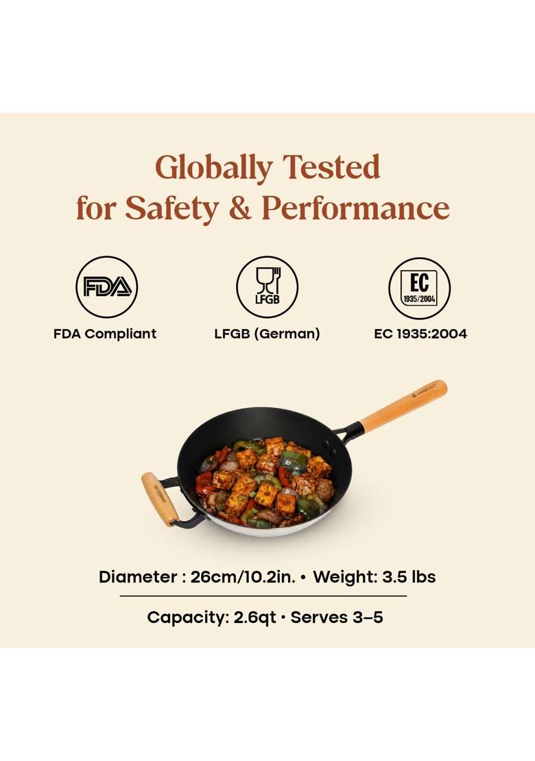 CUMIN CO. Enamel Cast Iron Wok | 1.5 L | 1.6 Qt | 26 cm | 10.2 Inch | Induction Compatible | Heavy Bottom | Non-Toxic | Non-Stick - Indya