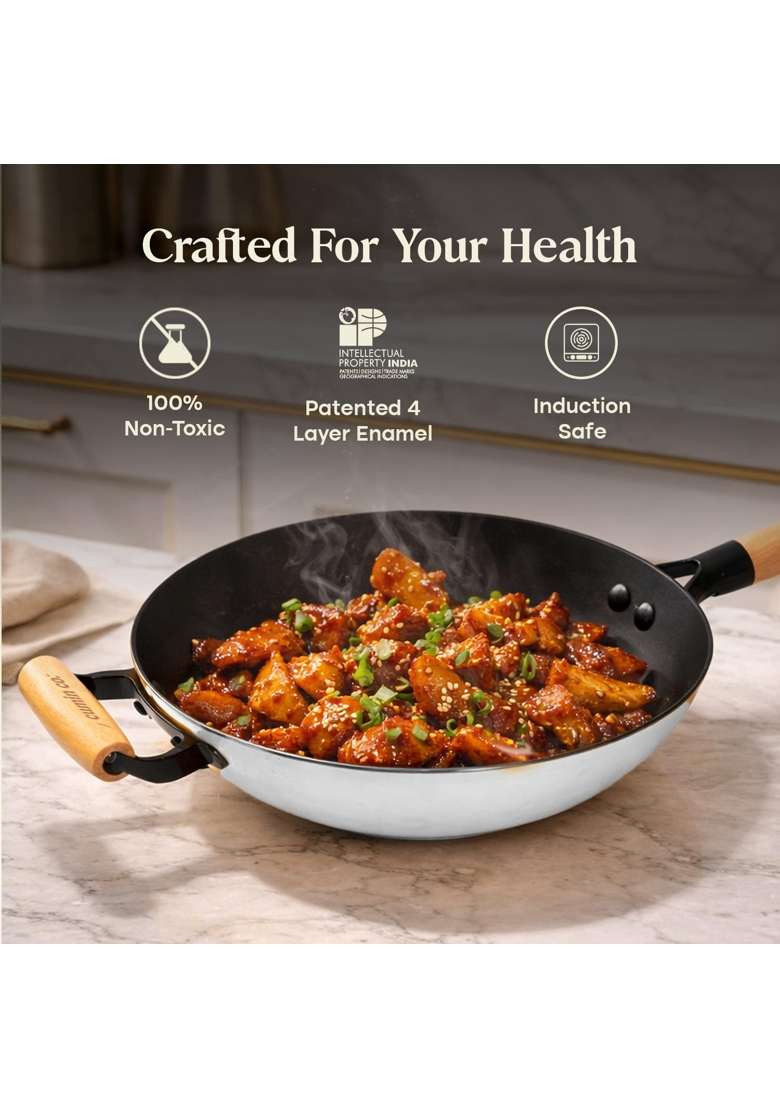 CUMIN CO. Enamel Cast Iron Wok | 1.5 L | 1.6 Qt | 26 cm | 10.2 Inch | Induction Compatible | Heavy Bottom | Non-Toxic | Non-Stick - Indya