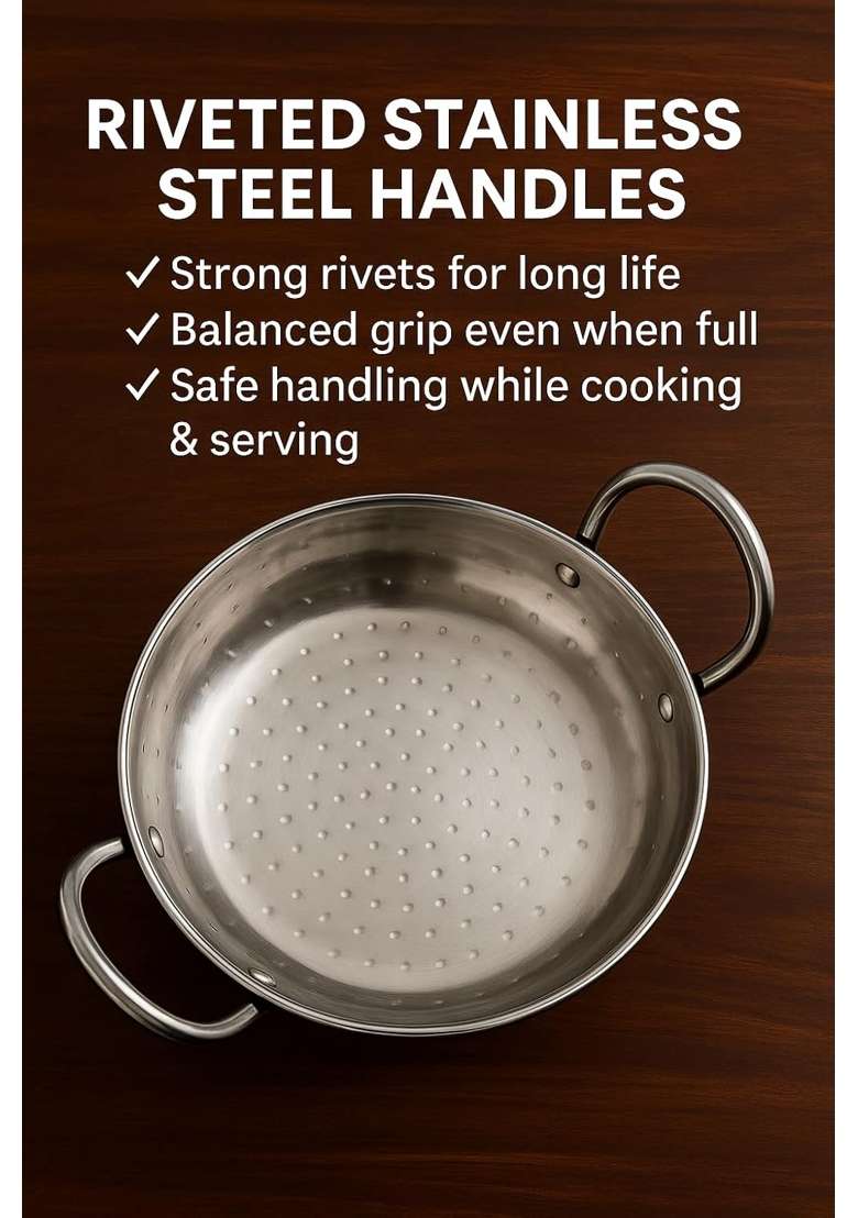 BARTN Stainless Steel Heavy Gauge Kadhai | 1 L | 1.1 Qt | Hammered Finish | Rust Resistant - Indya