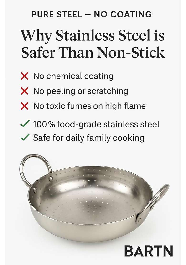 BARTN Combo of 2 Stainless Steel Heavy Gauge Kadhai Wok 