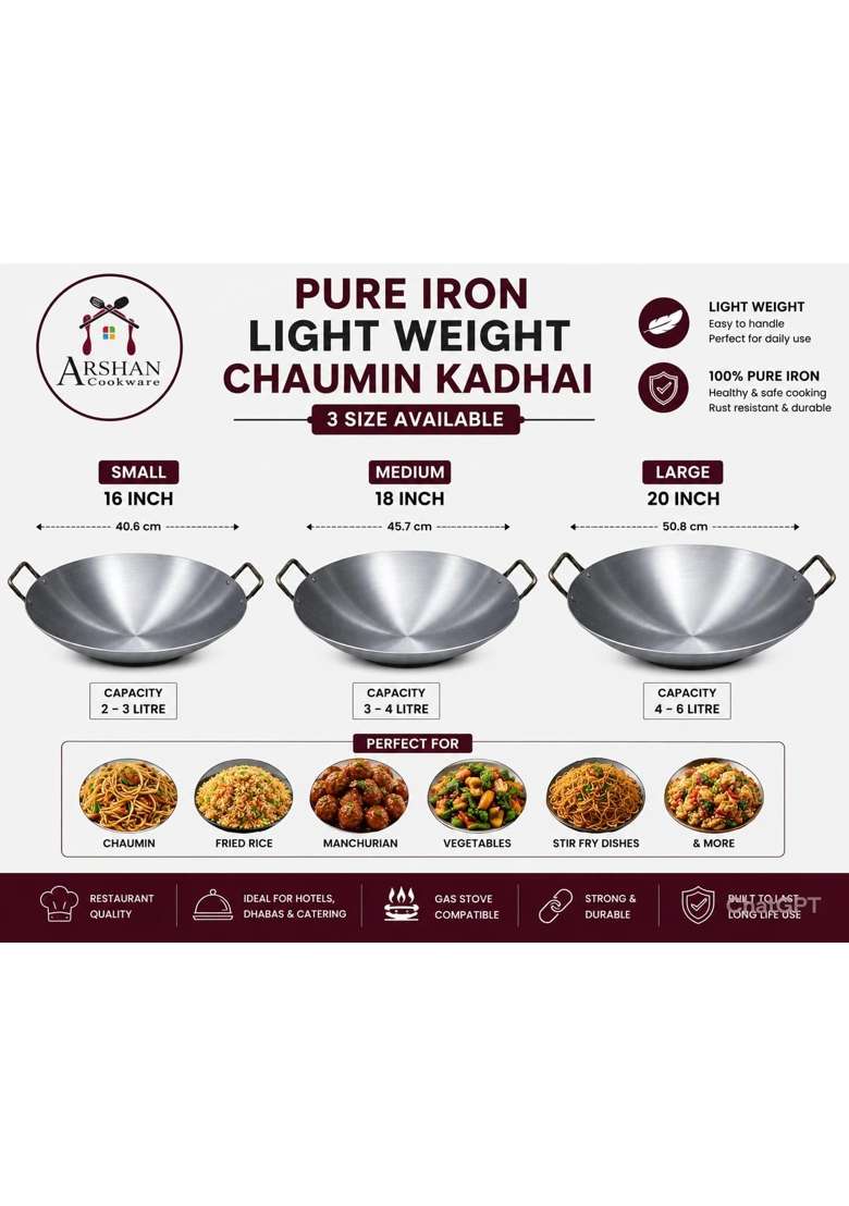 ARSHAN COOKWARE Pure Iron Light Weight Chaumin Kadhai | 45 cm | 17.7 Inch - Indya