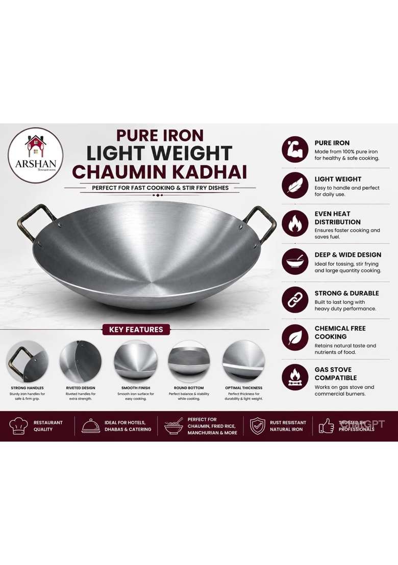 ARSHAN COOKWARE Pure Iron Light Weight Chaumin Kadhai | 50 cm | 19.7 Inch - Indya