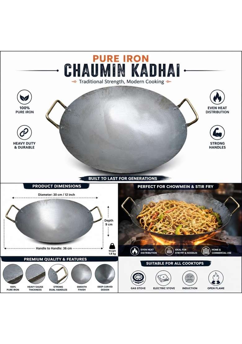 ARSHAN COOKWARE Pure Iron Light Weight Chaumin Kadhai | 50 cm | 19.7 Inch - Indya