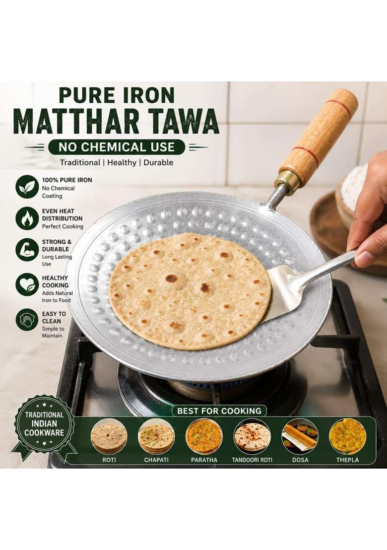 ARSHAN COOKWARE Pure Iron Matthar Roti Tawa Flat Griddle with Wooden Handle | Handcrafted - Indya