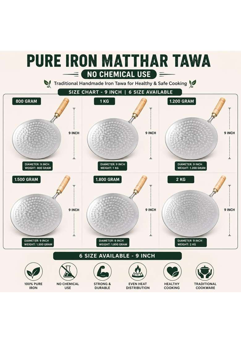 ARSHAN COOKWARE Pure Iron Matthar Roti Tawa Flat Griddle with Wooden Handle | Handcrafted - Indya