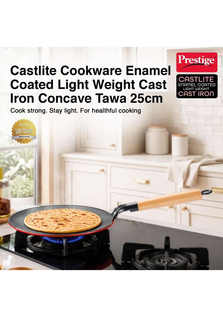 Prestige Castlite Enamel Coated Lightweight Cast Iron Concave Tawa Flat Griddle | 25 cm | 9.8 Inch | Induction Compatible | Rust Resistant - Indya