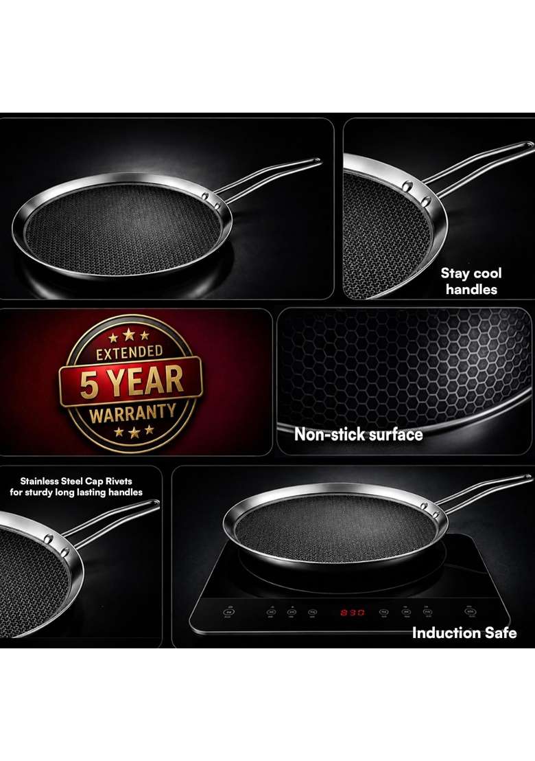 ZENSIL Hexaprime Hybrid Triply Stainless Steel Dosa Tawa Dosa Pan | 30 cm | 11.8 Inch | Induction Compatible | PFOA Free - Indya