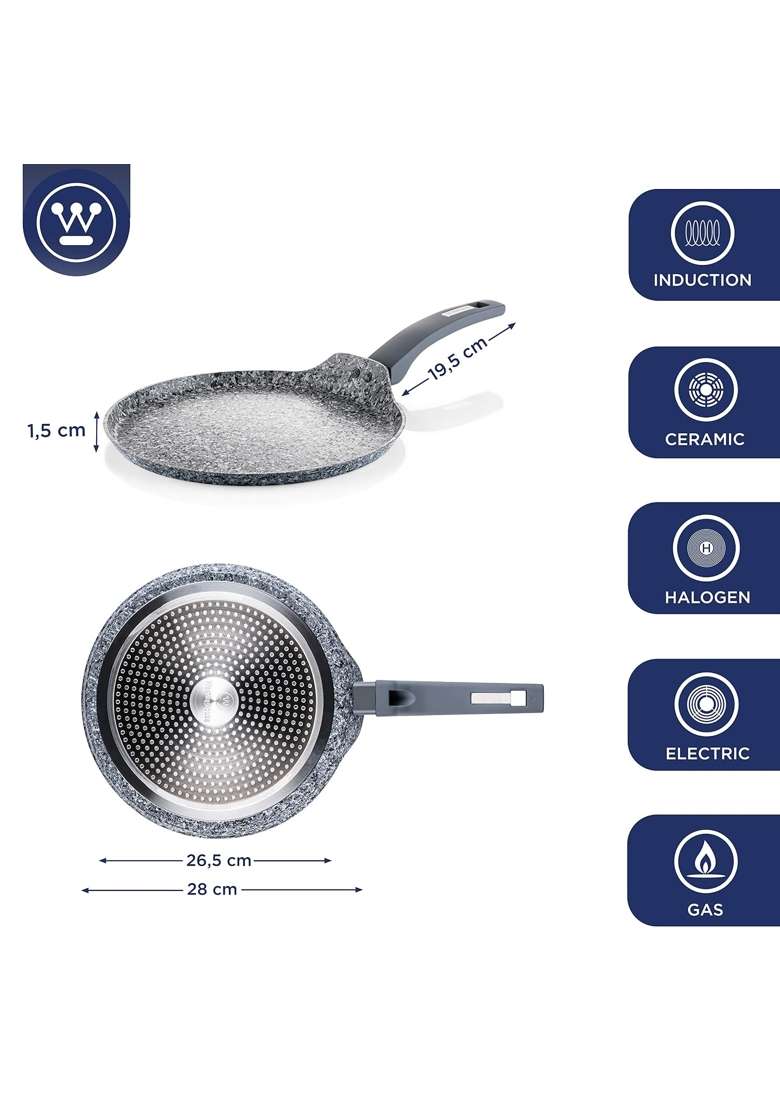 Westinghouse 3-Layer Marble Non-Stick Crepe Pan | 28 cm | 11 Inch | Induction Compatible | Dishwasher Safe - Indya