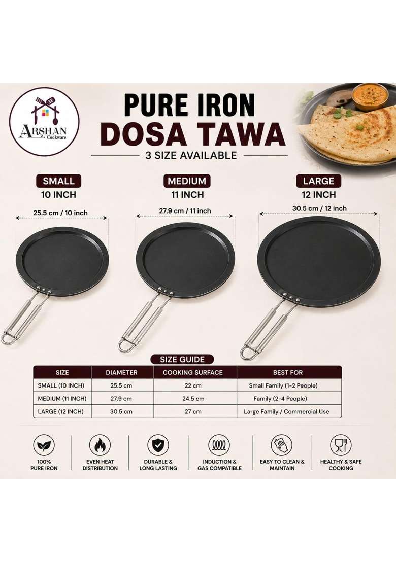 ARSHAN COOKWARE Pure Iron Dosa Tawa Dosa Pan Without Non Stic Only Iron | 30 cm | 11.8 Inch | Induction Compatible - Indya