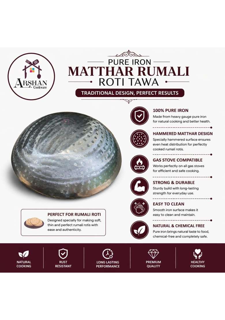 ARSHAN COOKWARE Pure Iron Matthar Rumali Roti Ulta Tawa Flat Griddle Handmade Heavy Duty Iron Tawa for Soft | 40 cm | 15.7 Inch - Indya