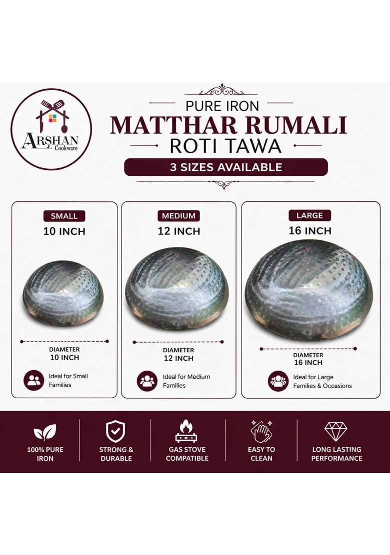 ARSHAN COOKWARE Pure Iron Matthar Rumali Roti Ulta Tawa Flat Griddle Handmade Heavy Duty Iron Tawa for Soft | 25 cm | 9.8 Inch - Indya