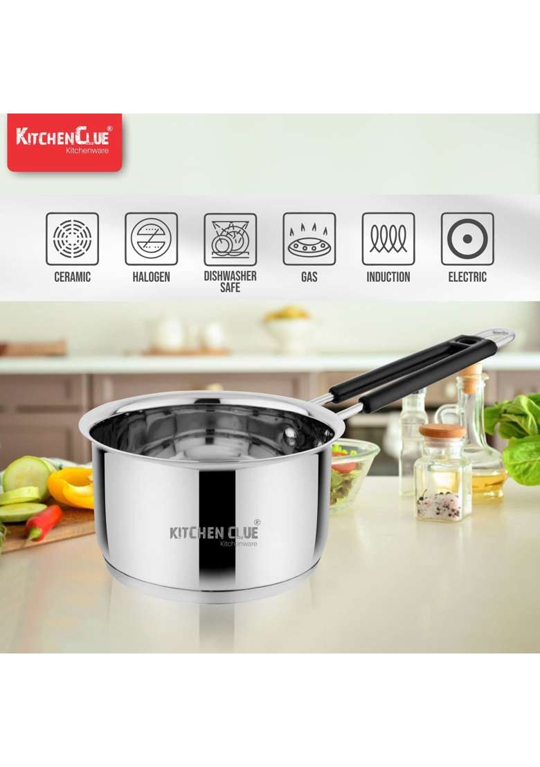 KITCHEN CLUE Stainless Steel Saucepan Tea Pan Induction and Gastove Base Cooking I I Triply | 2 L | 2.1 Qt - Indya