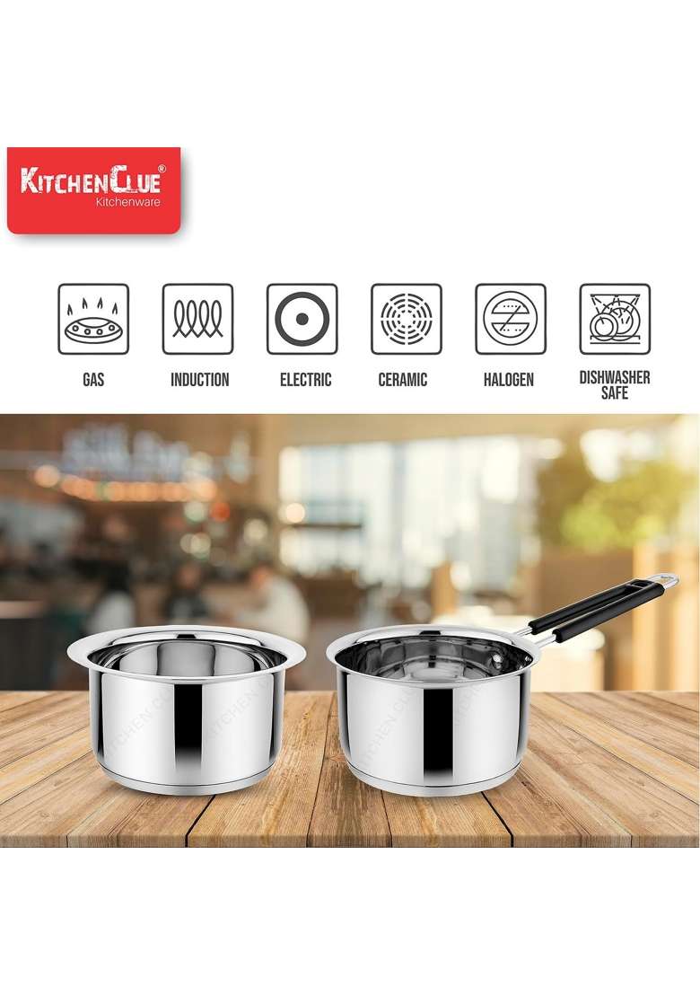 KITCHEN CLUE Stainless Steel Triply Saucepan Tea Pan and Tope Cooking Pot Combo Set I Induction and Gastove | 2000 ml | 67.6 fl oz - Indya