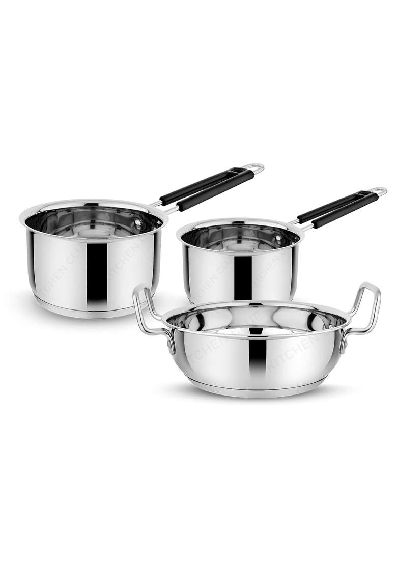 KITCHEN CLUE Stainless Steel Cookware Pcs | 2000 ml | 67.6 fl oz | 3-Piece Set | Induction Compatible | Tri-Ply - Indya