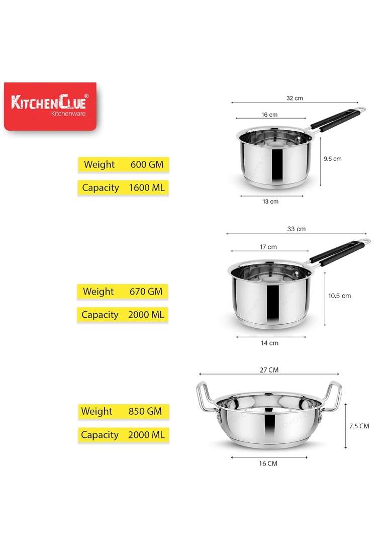 KITCHEN CLUE Stainless Steel Cookware Pcs | 2000 ml | 67.6 fl oz | 3-Piece Set | Induction Compatible | Tri-Ply - Indya