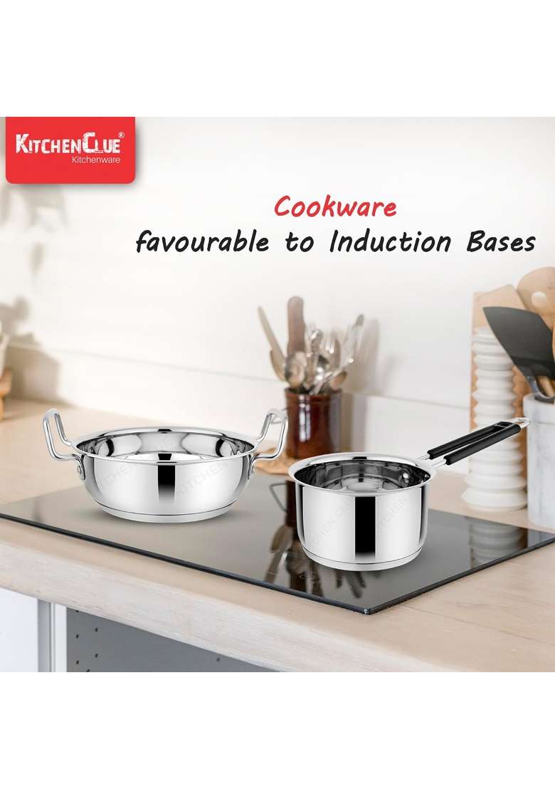 KITCHEN CLUE Stainless Steel Cookware Pcs | 2000 ml | 67.6 fl oz | 3-Piece Set | Induction Compatible | Tri-Ply - Indya