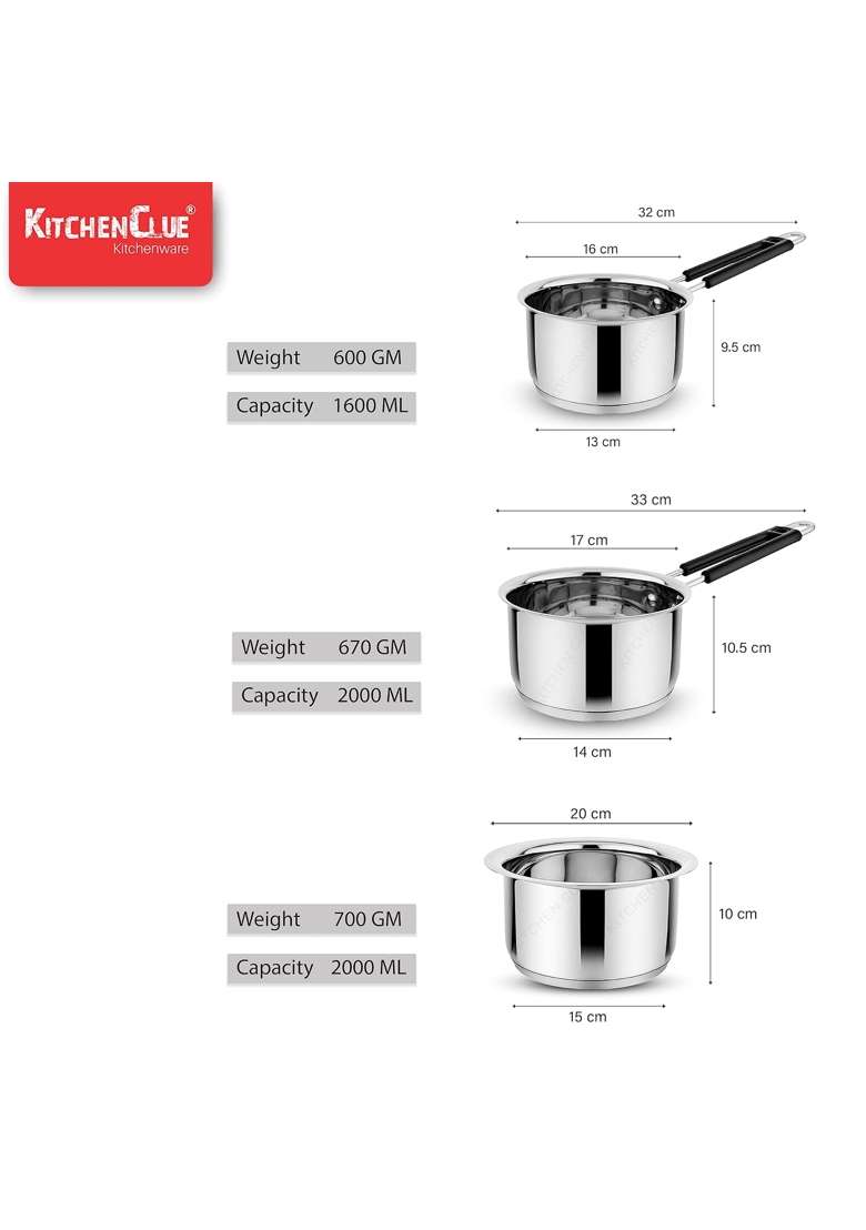 KITCHEN CLUE 304 Grade Stainless Steel Cookware Set for Kitchen | 2000 ml | 67.6 fl oz | Induction Compatible | Tri-Ply - Indya
