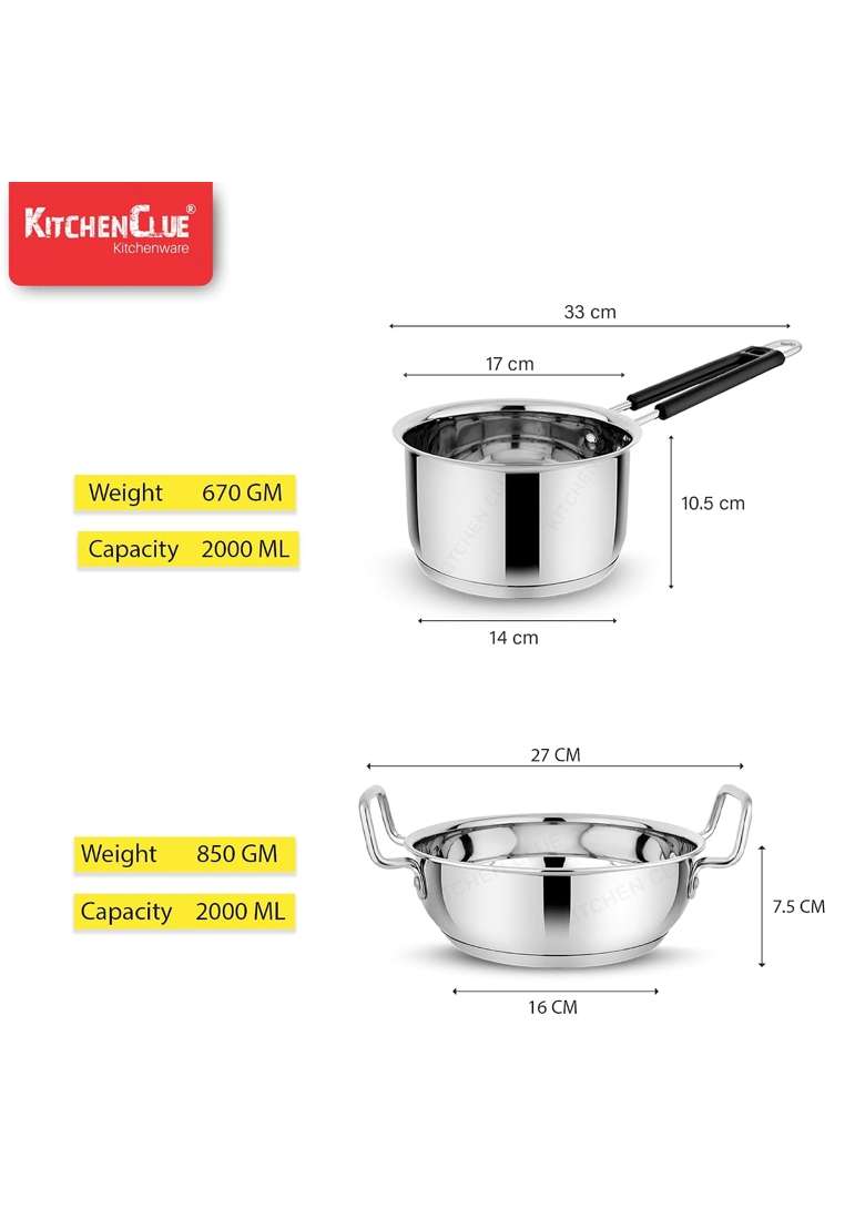 KITCHEN CLUE Stainless Steel Cookware Pcs | 2000 ml | 67.6 fl oz | 2-Piece Set | Induction Compatible | Tri-Ply - Indya