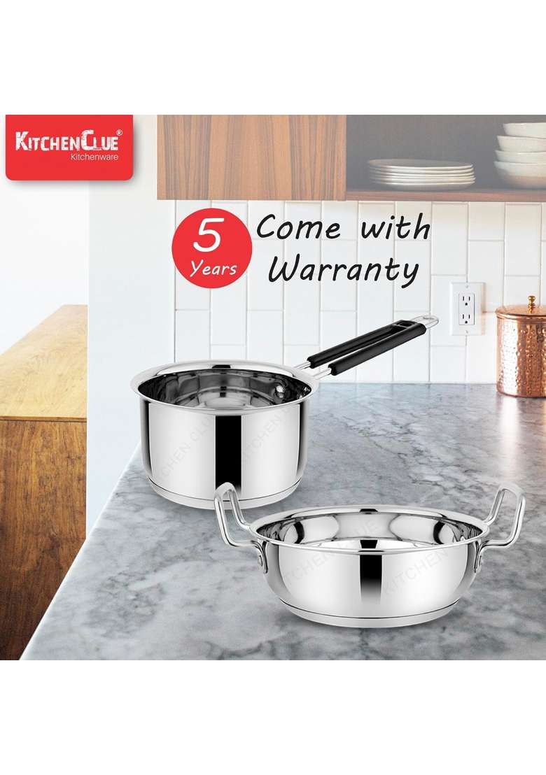 KITCHEN CLUE Stainless Steel Cookware Pcs | 2000 ml | 67.6 fl oz | 2-Piece Set | Induction Compatible | Tri-Ply - Indya