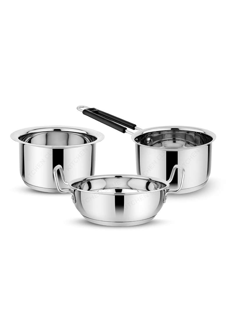 KITCHEN CLUE Stainless Steel Induction Bottom Cookware Pcs | 2000 ml | 67.6 fl oz | 3-Piece Set | Heavy Bottom | Tri-Ply - Indya