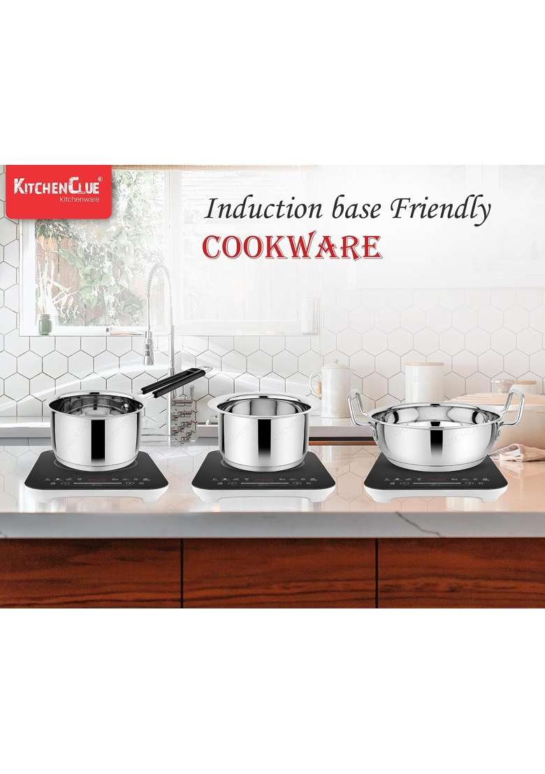 KITCHEN CLUE Stainless Steel Induction Bottom Cookware Pcs | 2000 ml | 67.6 fl oz | 3-Piece Set | Heavy Bottom | Tri-Ply - Indya