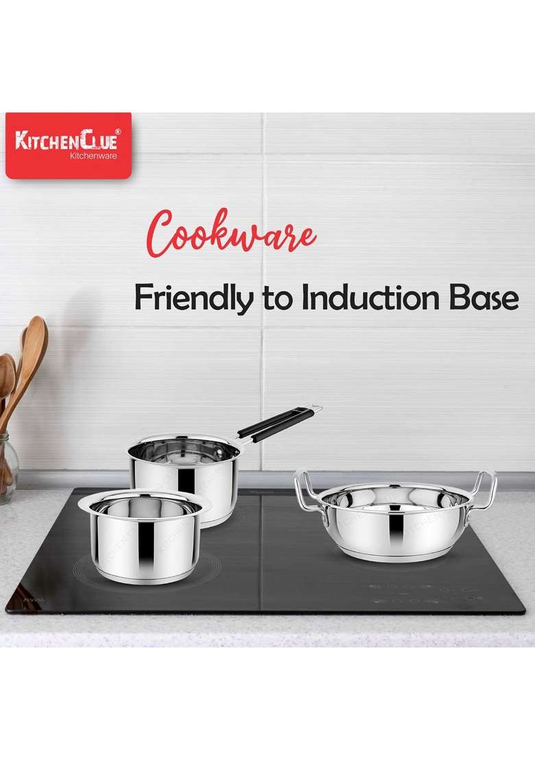 KITCHEN CLUE Premium Grade Stainless Steel Cookware Set with Tri-Ply Base | 2000 ml | 67.6 fl oz | Induction Compatible - Indya