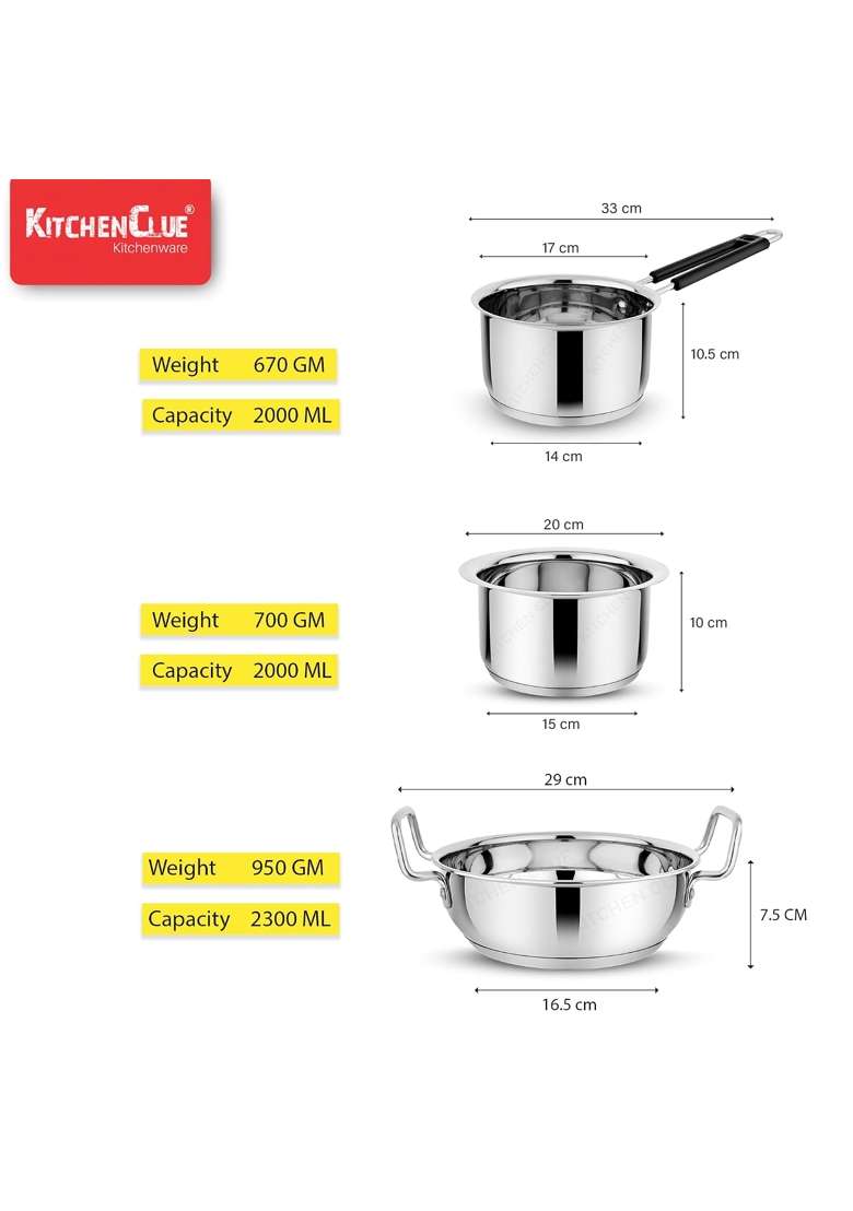 KITCHEN CLUE Premium Grade Stainless Steel Cookware Set with Tri-Ply Base | 2000 ml | 67.6 fl oz | Induction Compatible - Indya
