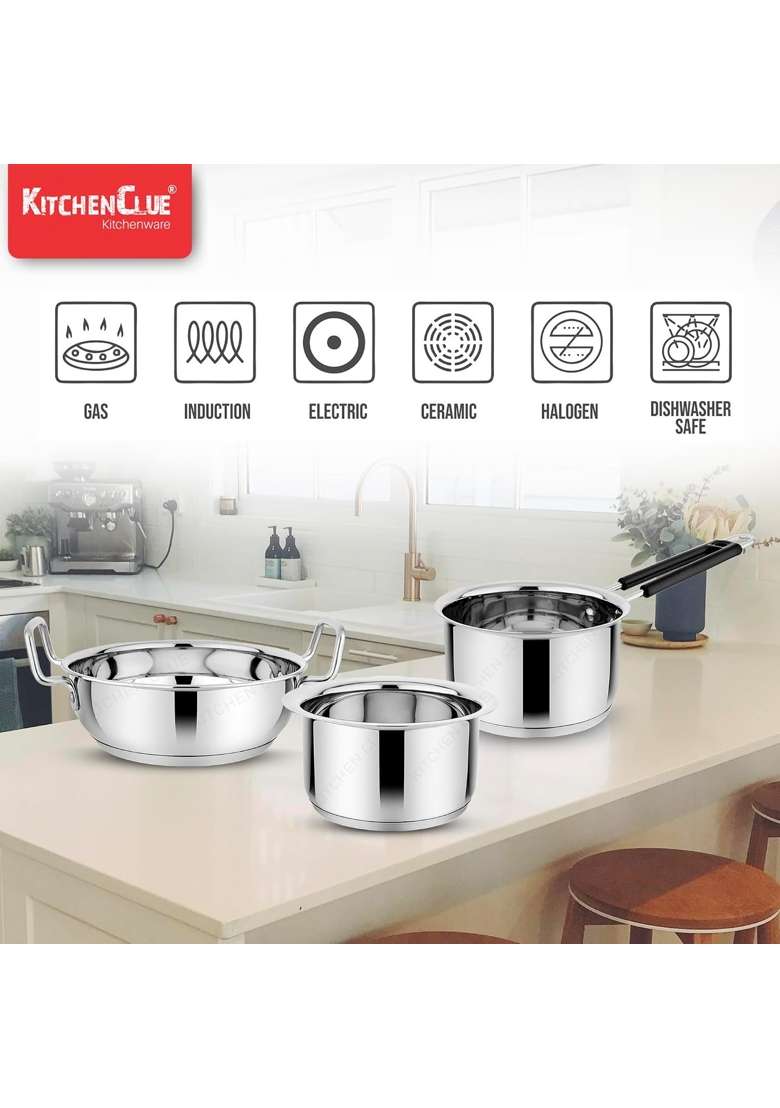 KITCHEN CLUE Premium Grade Stainless Steel Cookware Set with Tri-Ply Base | 2000 ml | 67.6 fl oz | Induction Compatible - Indya