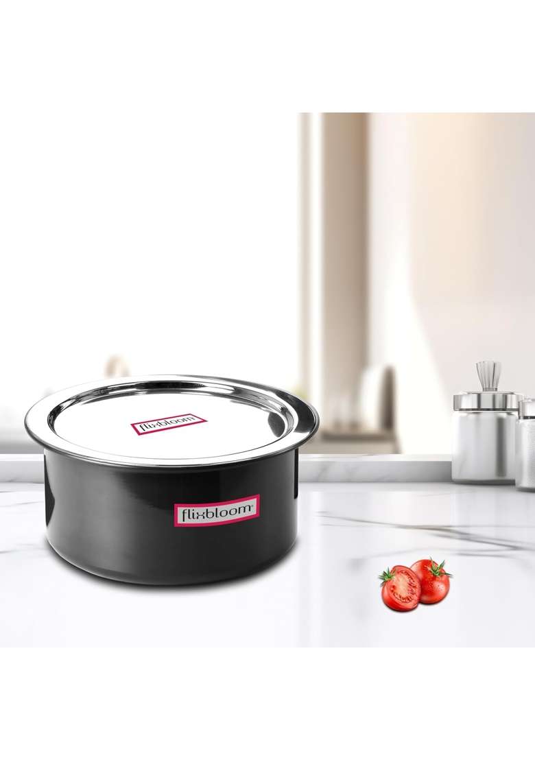 FLIXBLOOM Territorial Black Hard Anodised Induction Base Bottom LPG Gas Stovetop Friendly | 1 L | 1.1 Qt | With Lid - Indya