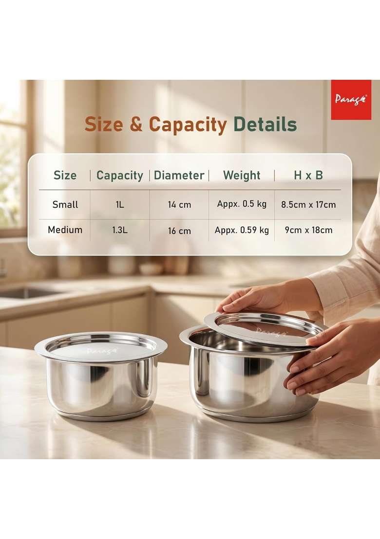 Parage Tri-Bond Stainless Steel Tope Cooking Pot Set with Lid | 1 L | 1.1 Qt | 2-Piece Set | Induction Compatible | Tri-Ply - Indya