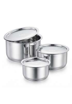 Parage Tri-Bond Stainless Steel Tope Cooking Pot Set with Lid | 1 L | 1.1 Qt | 3-Piece Set | Induction Compatible | Tri-Ply