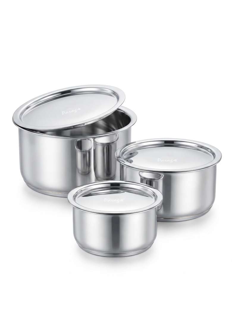 Parage Tri-Bond Stainless Steel Tope Cooking Pot Set with Lid | 1 L | 1.1 Qt | 3-Piece Set | Induction Compatible | Tri-Ply - Indya