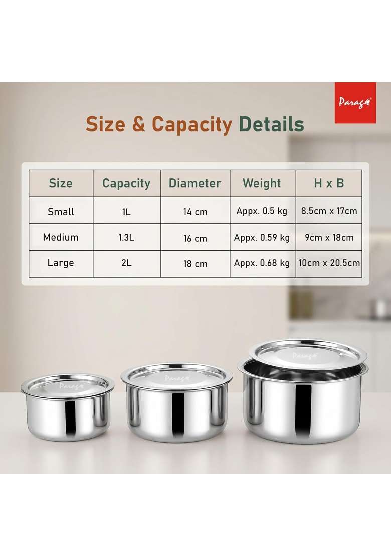 Parage Tri-Bond Stainless Steel Tope Cooking Pot Set with Lid | 1 L | 1.1 Qt | 3-Piece Set | Induction Compatible | Tri-Ply - Indya