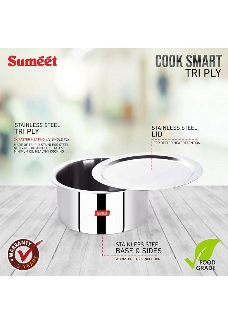 Sumeet Cook Smart Stainless Steel TriPly Steel-Aluminium-Steel | 3 L | 3.2 Qt | 20 cm | 7.9 Inch | 2-Piece Set | With Lid - Indya