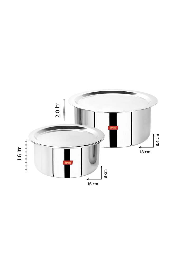 Sumeet Cook Smart Triply Steel-Aluminium-Steel | 2 L | 2.1 Qt | 16 cm | 6.3 Inch | 2-Piece Set | With Lid - Indya
