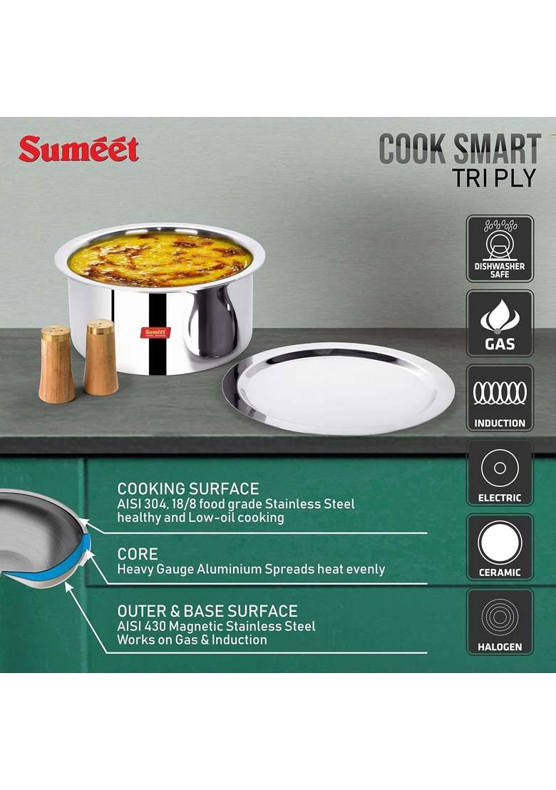 Sumeet Cook Smart Triply Stainless Steel-Aluminium-Steel | 2 L | 2.1 Qt | 18 cm | 7.1 Inch | 2-Piece Set | With Lid - Indya