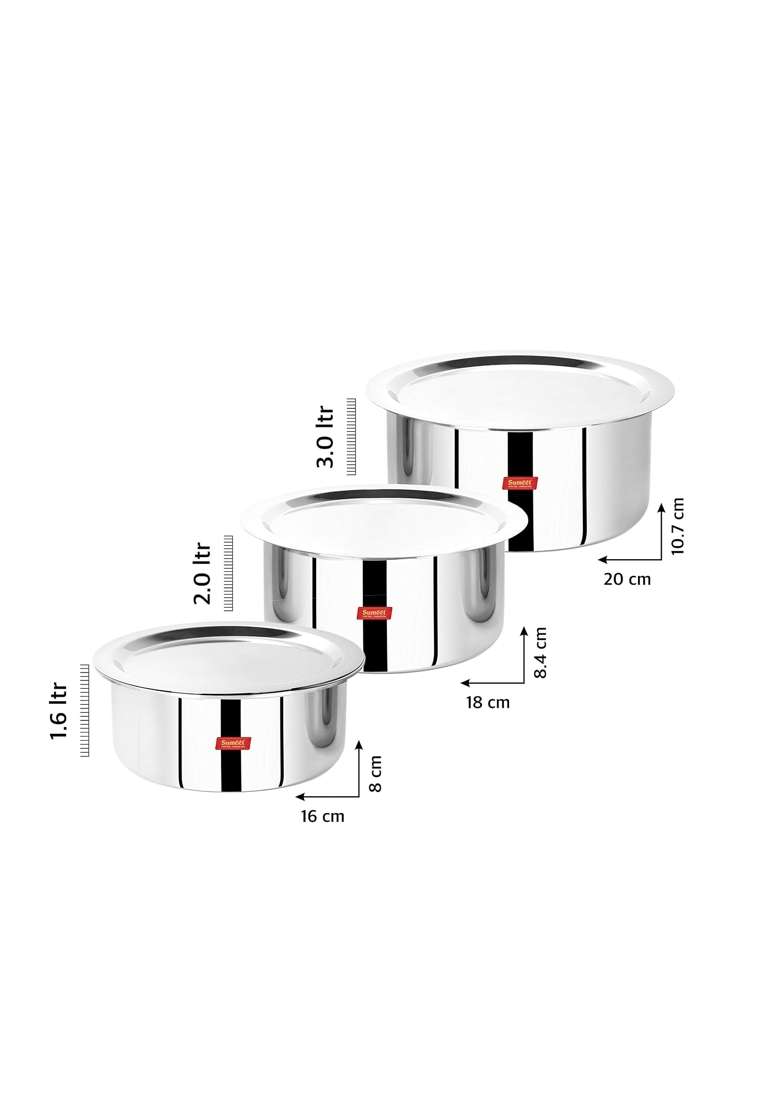 Sumeet Cook Smart Triply Steel-Aluminium-Steel | 1.6 L | 1.7 Qt | 16 cm | 6.3 Inch | 3-Piece Set | With Lid - Indya