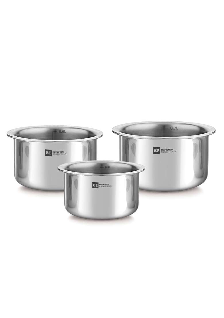 BERGNER BE Essentials Tri-Ply Stainless Steel Junior Tope Cooking Pot Pcs Set | 0.5 L | 0.5 Qt | 10 cm | 3.9 Inch | 3-Piece Set - Indya